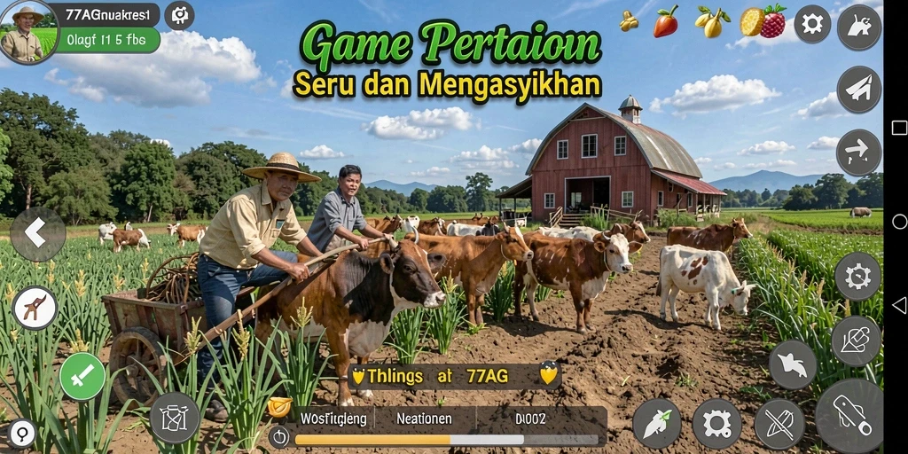 Tampilan gameplay <strong>77AG</strong> yang menunjukkan aktivitas bertani yang seru.