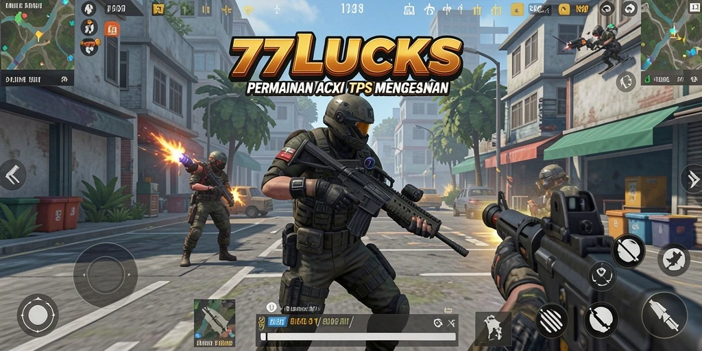 Screenshot utama 77LUCKS menampilkan aksi intens dalam gameplay TPS.