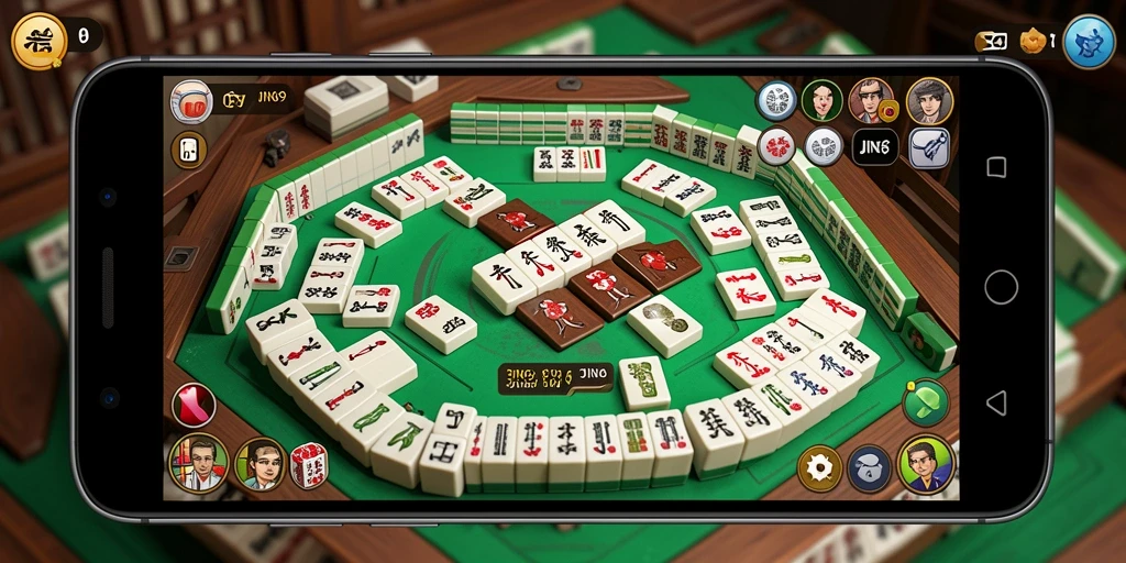 Gameplay JIN69 menampilkan ubin Mahjong yang berwarna-warni dalam suasana yang menenangkan.