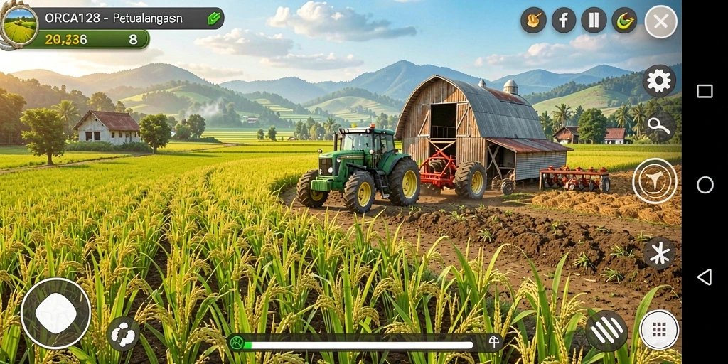 Screenshot gameplay <strong>ORCA128</strong> menampilkan aktivitas bertani yang seru dan interaktif.