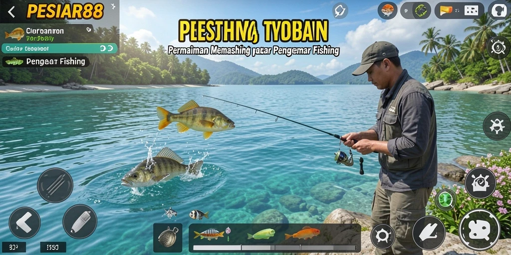 Screenshot menunjukkan gameplay memancing yang seru dan interaktif.