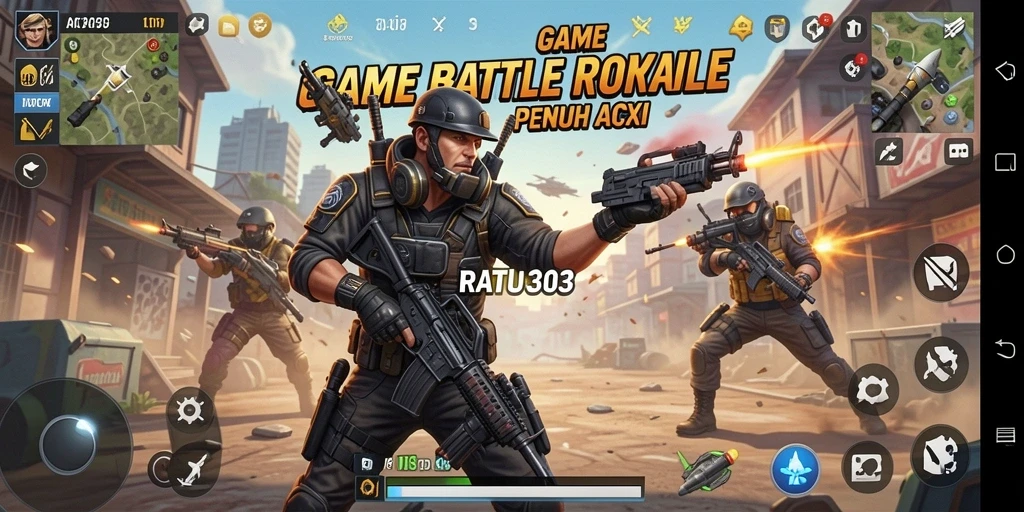 Screenshot utama menampilkan aksi seru dalam RATU303 di arena Battle Royale.